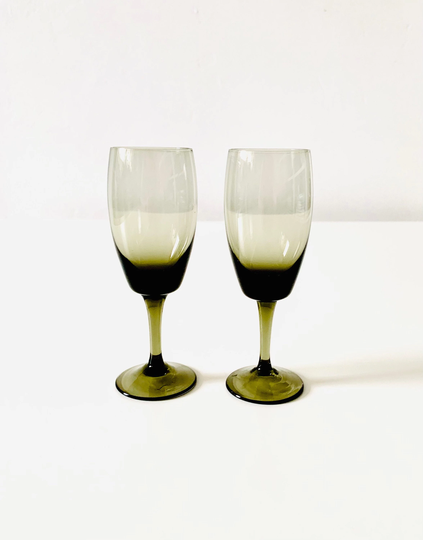 Set Of 2 Vintage Smoky Grey Glass Sherry Glasses