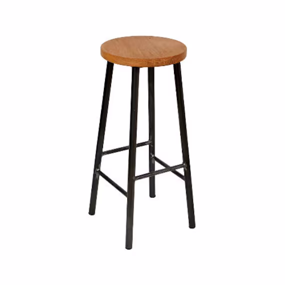 Rick Oakman - Chunky Round Frame Bar Stool With Oak Seat