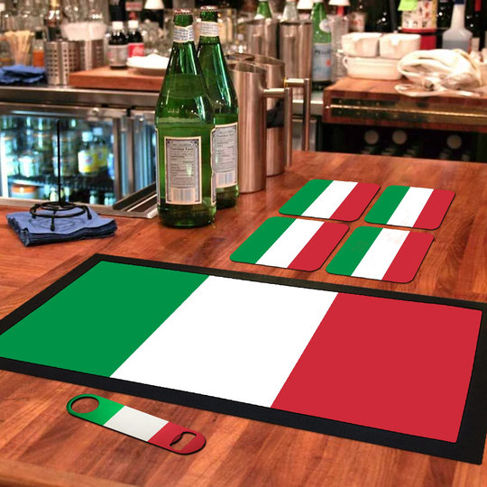 Italy Flag Bar Runner Mat, Matching Bottle Opener & 4 X Drinks Coasters Italian Gift Set For Home Bars Man Cave Football Fans