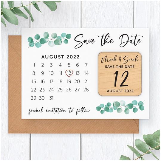 Eucalyptus Wedding Save The Date Fridge Magnet - Personalised Calendar Botanicals Wooden