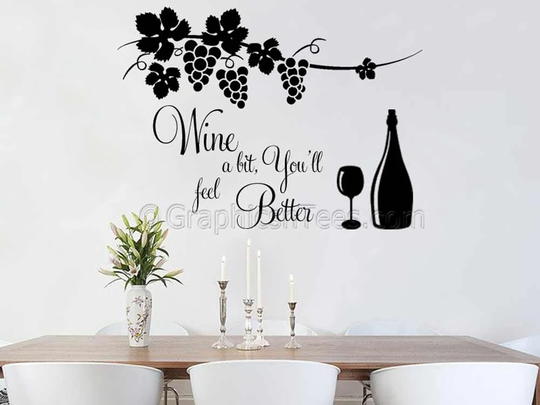 Kitchen Wall Sticker Quote, Wine A Bit, Dining Room Home Art Decal