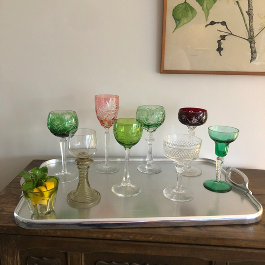 Harlequin Party Collection Of 8 Beautiful Vintage Antique Crystal Glasses Coupes Hock Flutes Ideal For Drinks Baccarat French English