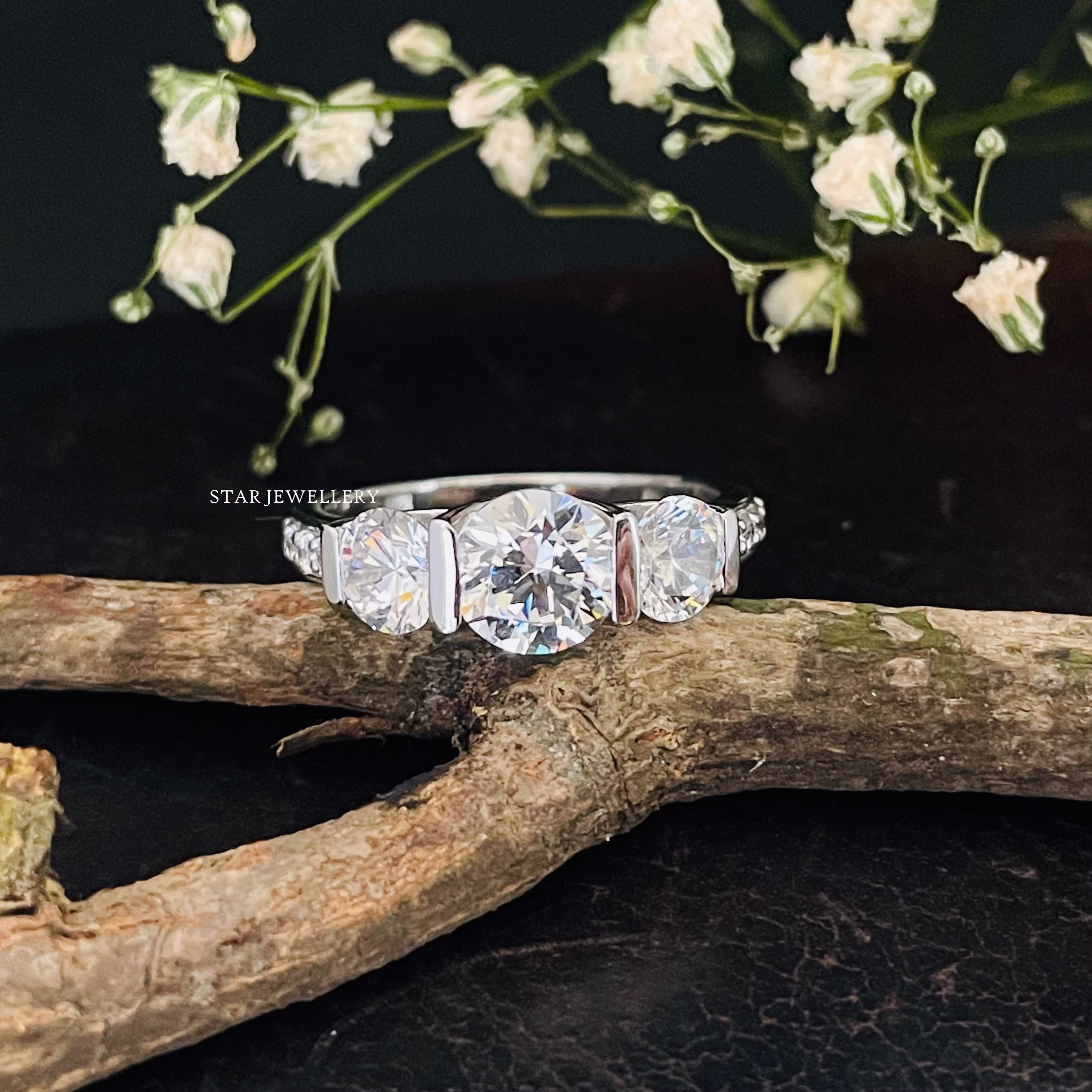 Three Stone Moissanite Ring/Trio Bar Set Triple Engagement