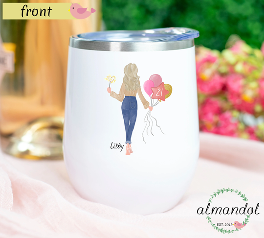Custom 21st Birthday Tumbler, Pick Your Hair Personalized Wine Gift For 21 Year Old, Sweet Tumbler