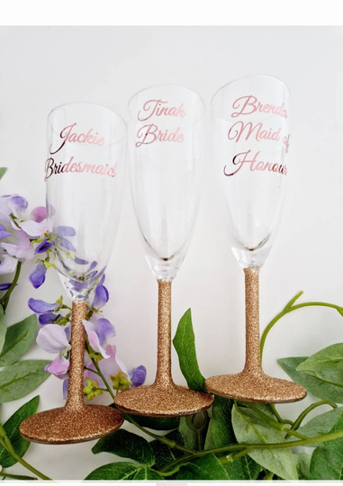Champagne Flutes With A Glitter Stem, Bridesmaid Glasses, Wedding Gifts, Personalised
