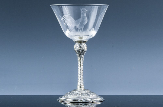 Ornate C1920 Art Deco German 800 Grade Solid Silver & Etched Rooster Chicken Figural Crystal Wine Glass ~ Sherry Port Liqueur Martini Cognac