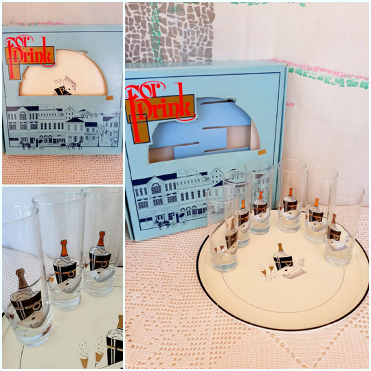 Rare 70's Glass Set. New Vintage Tray. Table Glasses. Made in Italy. Mother's Day Gift