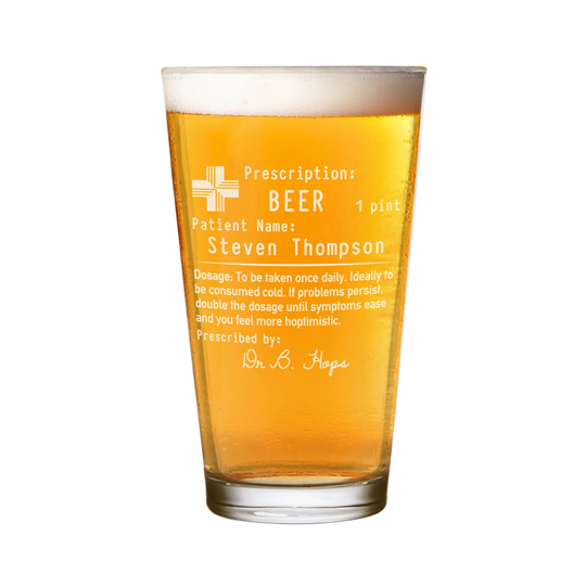 Personalised Name Prescription Beer Pint Glass Shaker Birthday Fathers Day Wedding Stag Do Uncle Work Colleague