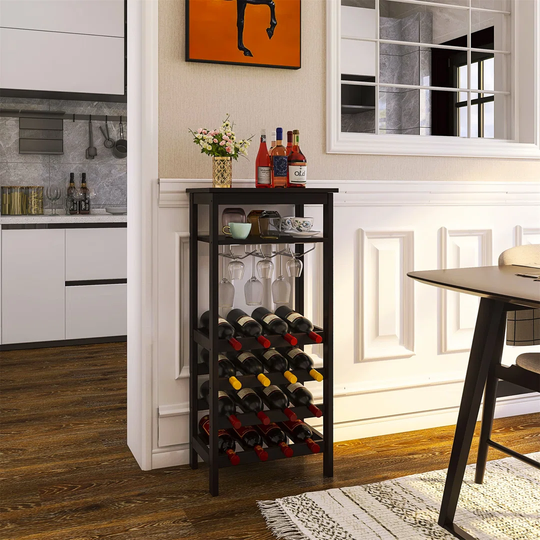 Paoli 16 Bottle Floor Wine Bottle and Glass Rack in Black