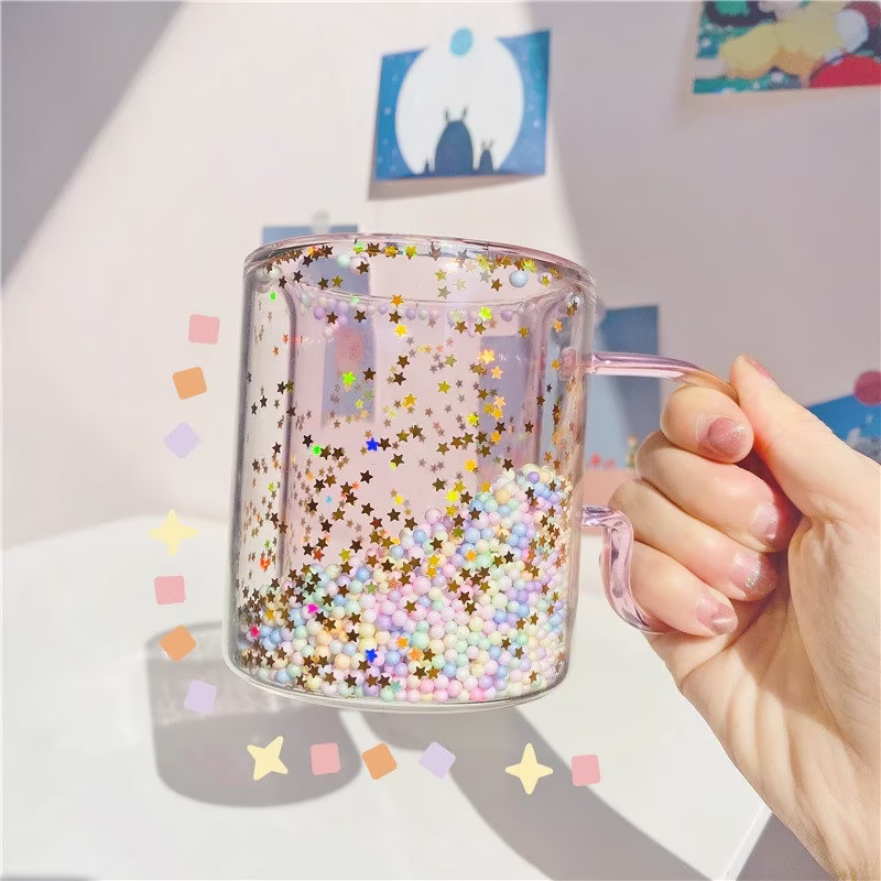 Colorful Confetti Glitter Glass Double Wall Coffee Mug Cup Dippin Dots Aesthetic Drinkware
