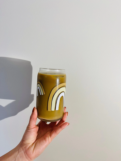 Iced Coffee Glass, Boho Rainbow, Glass Cup, Soda Can, Aesthetic Beer Cup