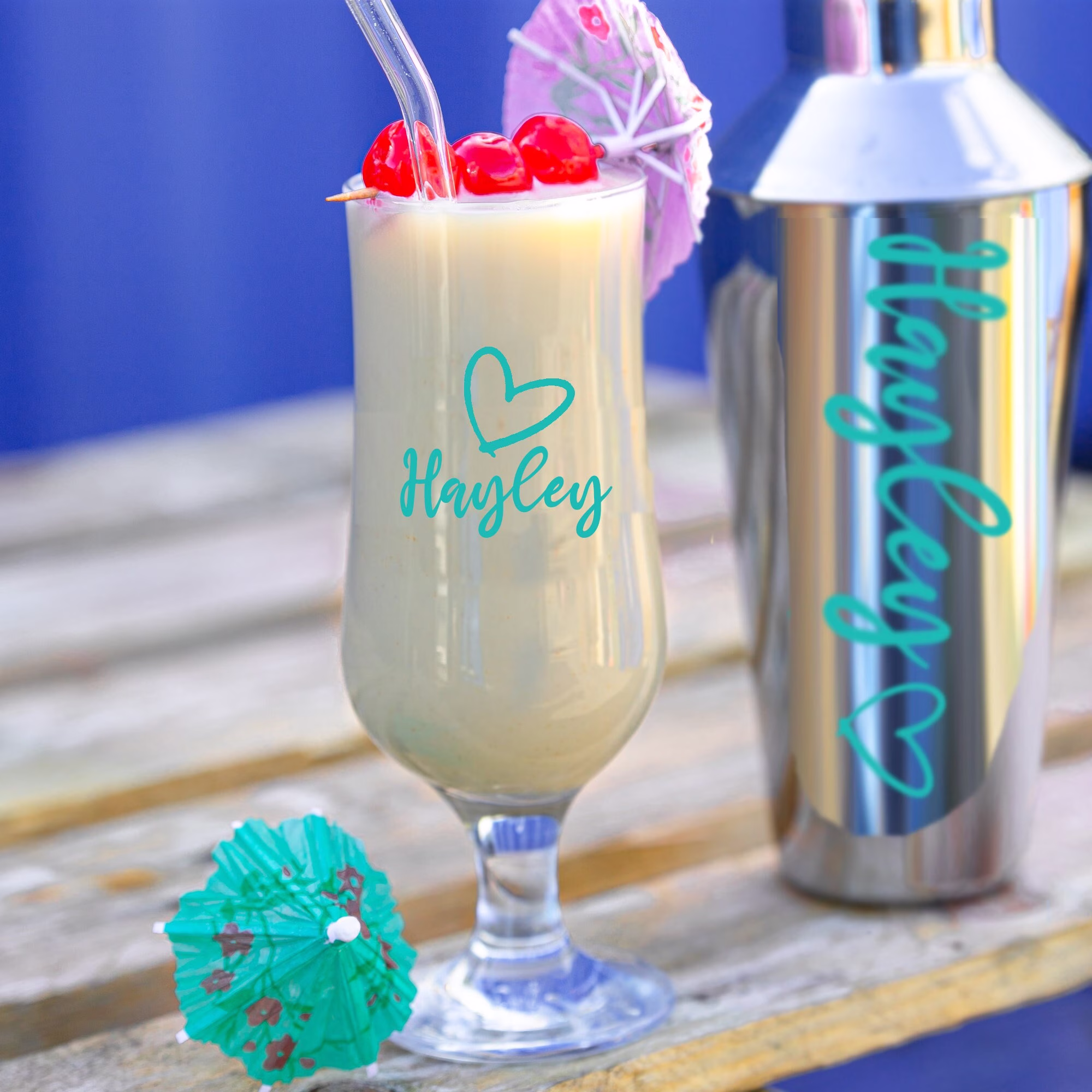 Personalised Cocktail Shaker With Matching Pina Colada Glass Gift Set | Customized Mixer At Home Bar Equipment