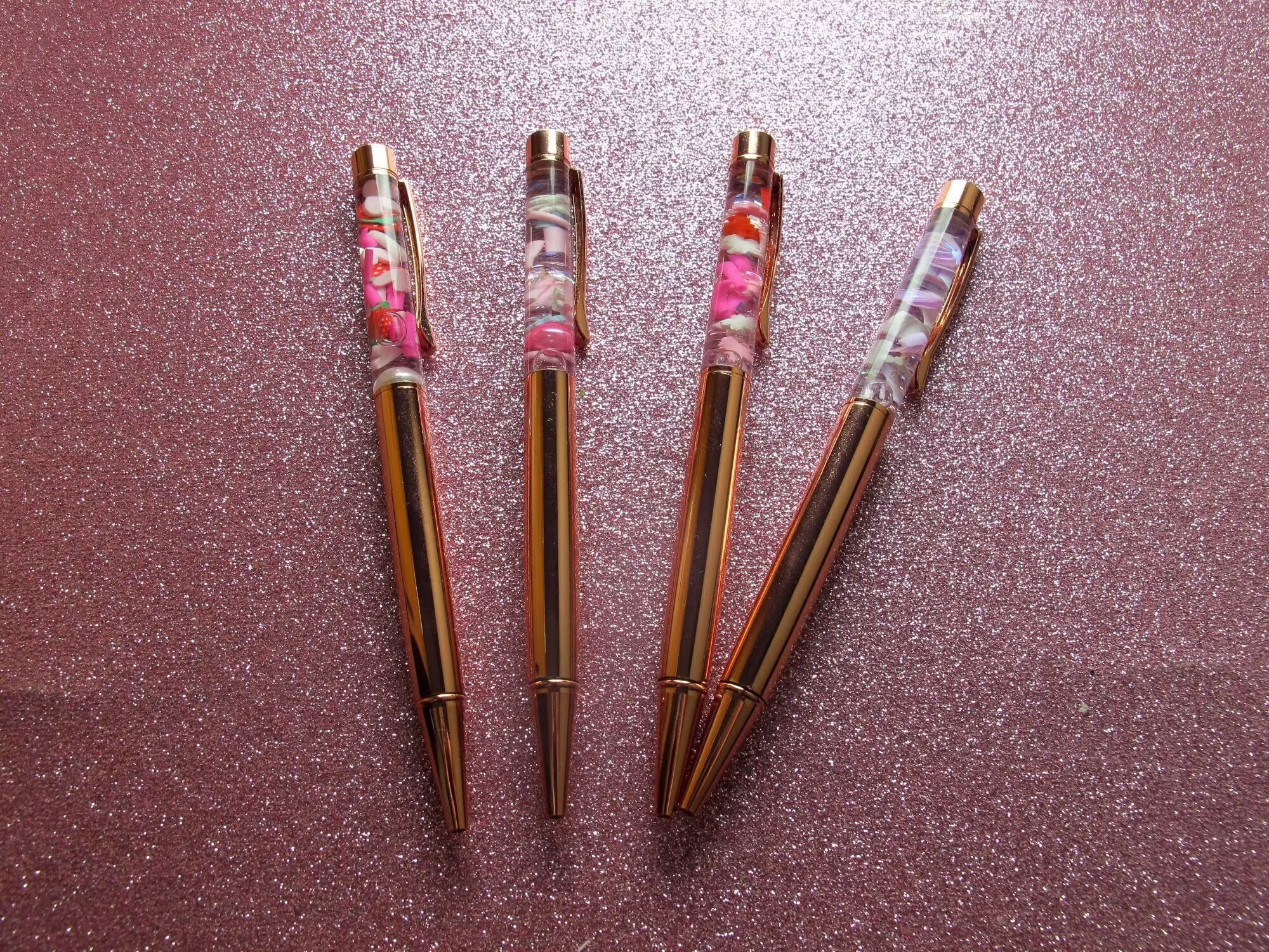 Oil-Suspended Rose-Gold Snow Globe Shaker Pens - 4 Sprinkle Mixes To Choose From