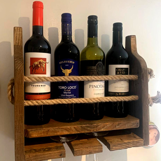 Rustic Wood Hand-Crafted Wall Mounted 2-Tier Drinks Rack For 4 Bottles & 2-4 Glasses Suitable Wine, Spirits & Beer. See Size Options