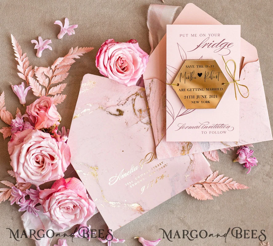 Marble Blush Pink Gold Acrylic Save The Date Magnet Card Wedding The Dates Plexi Hexagon Magnets, Our Date Envelope