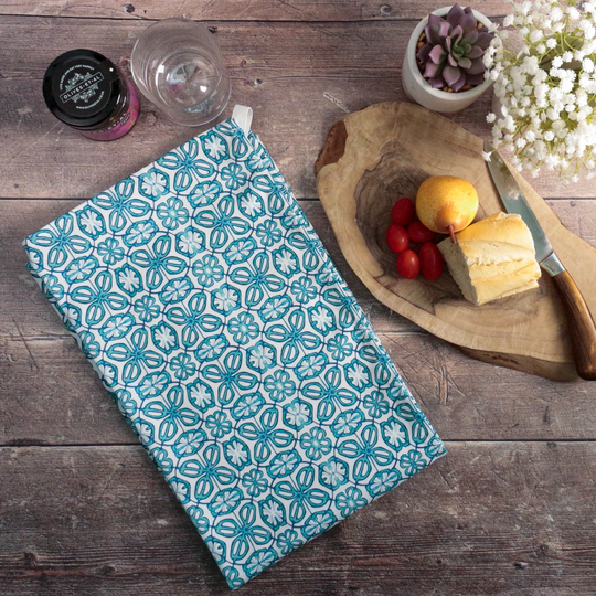 Blue Turkish Flower 100% Cotton Tea Towel. Soft Natural Material. Turquoise & White Floral Made in England 47x72cm