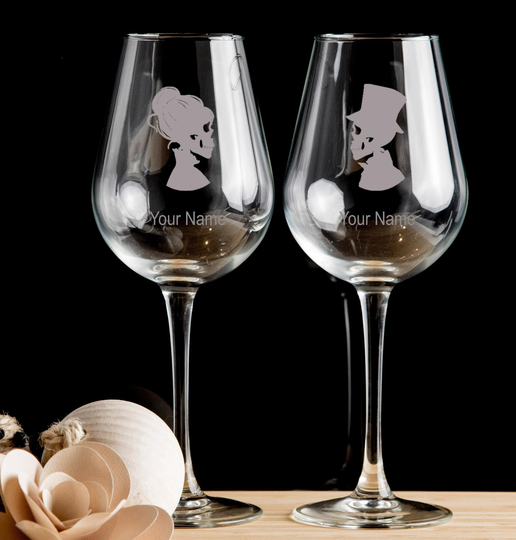 Gothic Bride Groom Skull Calavera Personalised Wine Glass Set Of 2 Hand Etched Glasses, Ideal Gift, Red, White Wine.143