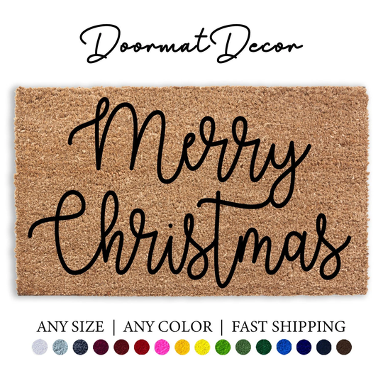 Merry Christmas Script Font Doormat, Holiday Decor Door Mat, Flocked Coir Welcome Outdoor Entryway Front Rug, Gift