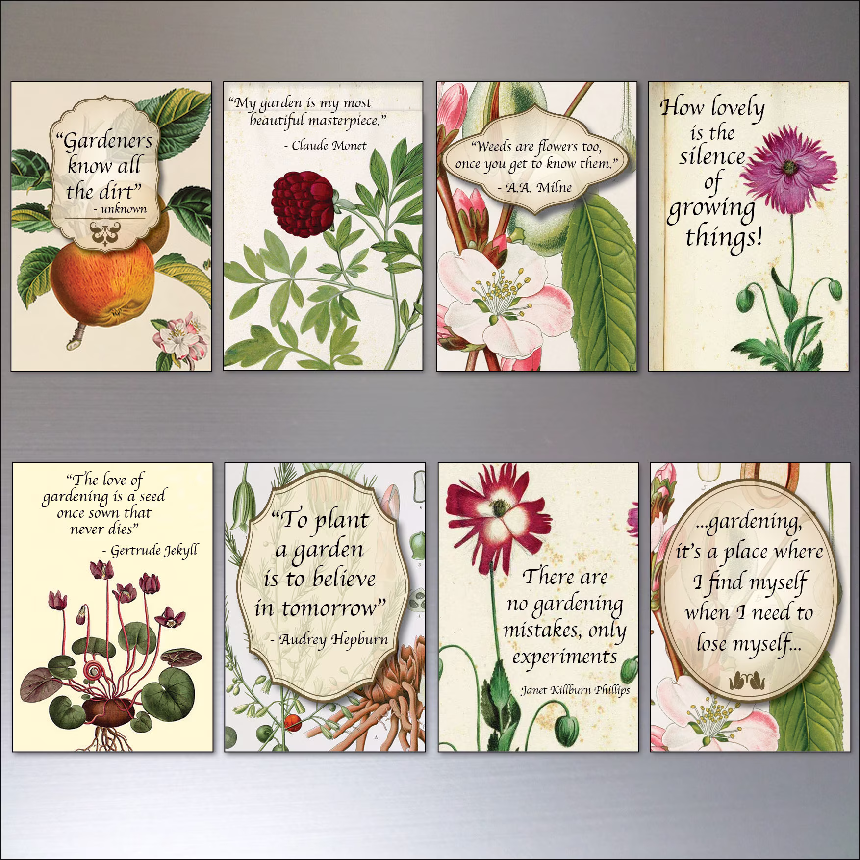 Gardening Inspiration Quotes Victorian Botanical Prints Fridge Magnets Set Of 8