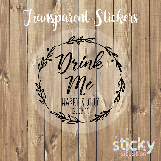 Personalized Transparent Drink Me Stickers, Wine Glass Shot Glass, Labels, Wedding Glasses