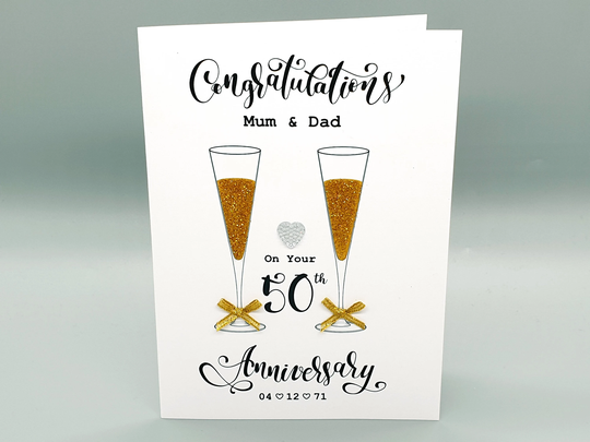 Handmade & Personalised Golden Champagne Flutes 50Th Wedding Anniversary Card