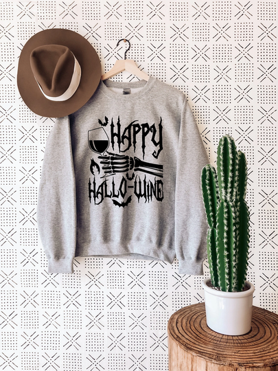 Happy Hallowine Sweatshirt, Halloween Wine Glass, Lover Sweat, Funny Sweater, Skeleton Hand Sweater