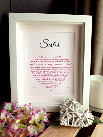 Personalised Sister Gifts For Christmas, Birthday Present, Print, Heart Shaped Poem Cocktail Wine Glass