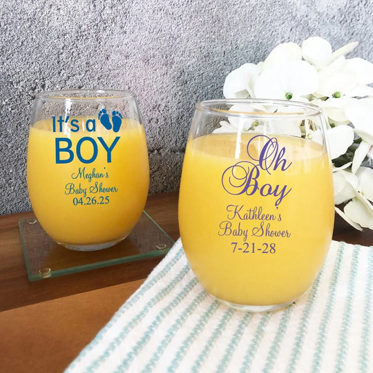 Set Of 24 | Baby Shower Boy Design Personalized Stemless Wine Glass Montereytimes Dm8 It's A Party Favors