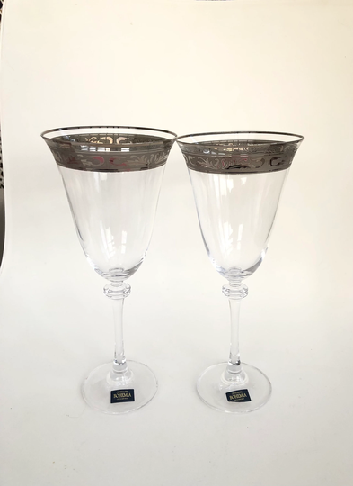 Pair Of Large Czech Republic Bohemia Crystalite Wine Glasses With Engraved Banded Silver Decoration