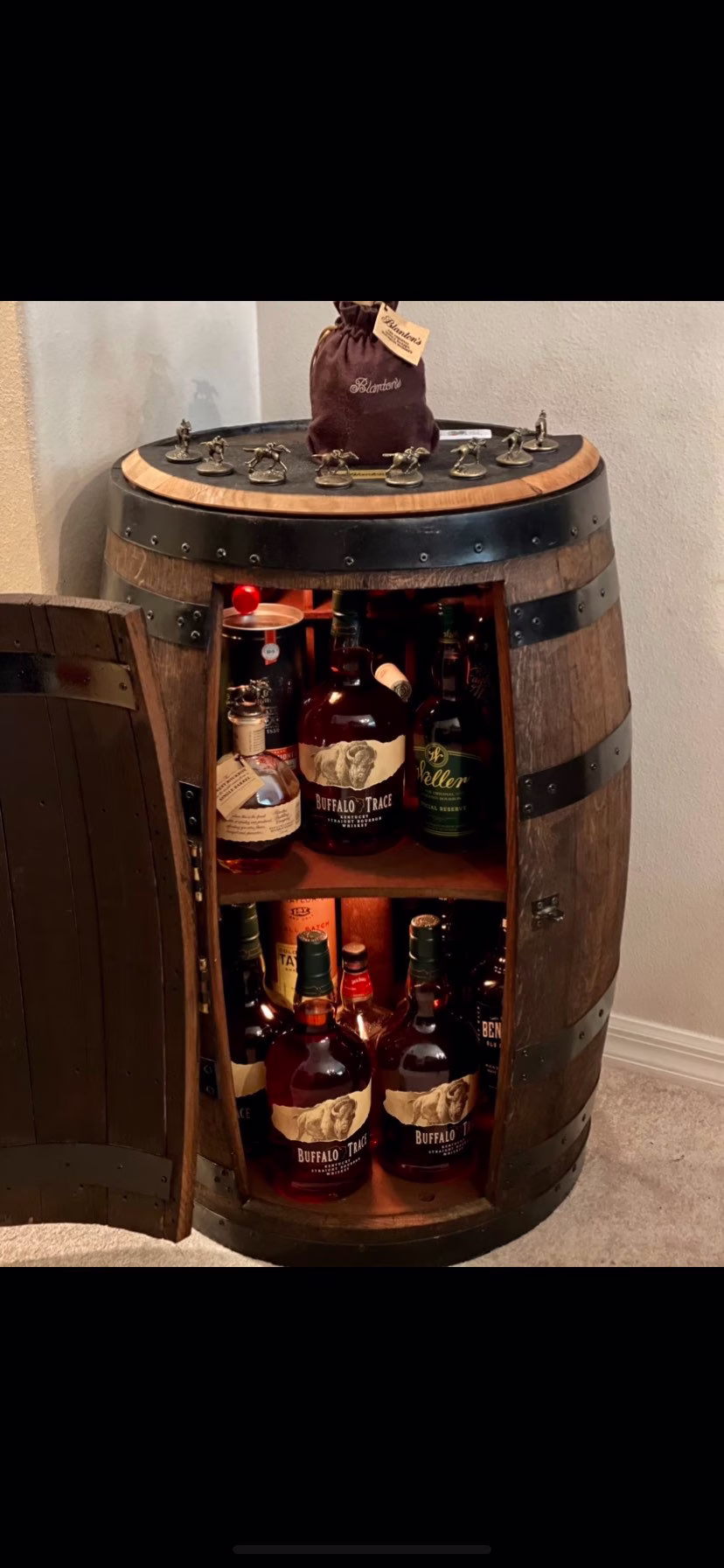 53 Gallon Whisky Barrel Mixed Bar Cabinet | Side Bottle Rack + Lazy Susan Below Fixed Shelf Bourbon Whiskey