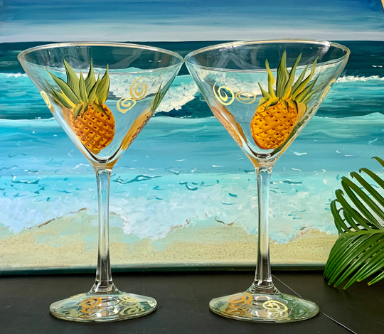 Painted Martini Glasses, Pineapple Martini, Birthday Gifts , 50Th Anniversary, Tropical Wedding, Candle Holder, Cocktail Mom Gift