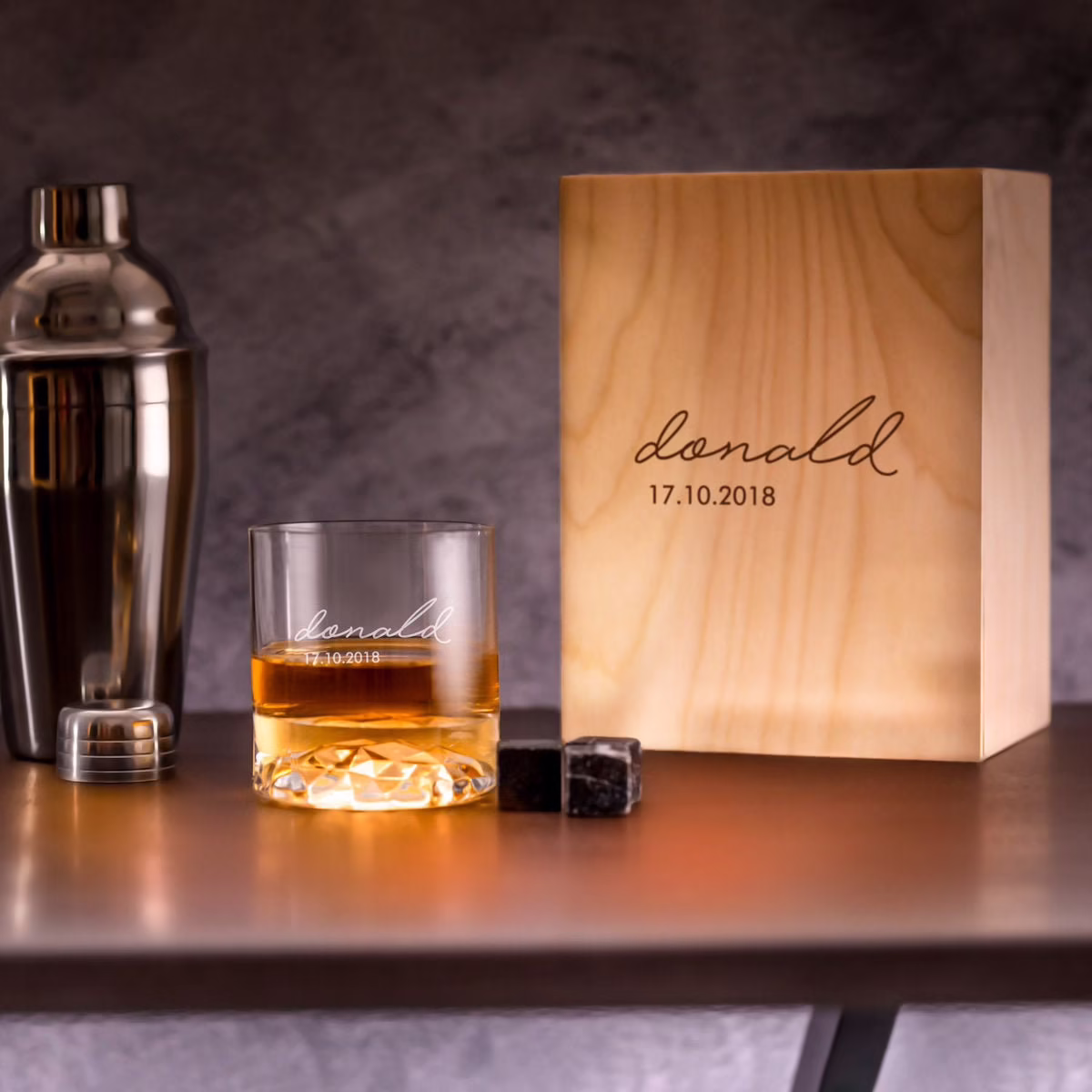 Personalized Whisky Glass Set With Whiskey Stones & Wood Box. Custom As Gift For Best Man. Bourbon Groomsmen