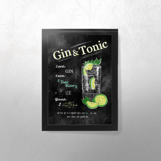G & T Recipe | Cocktail Chalk Board Effect A4, A3 Print Framed Options Available