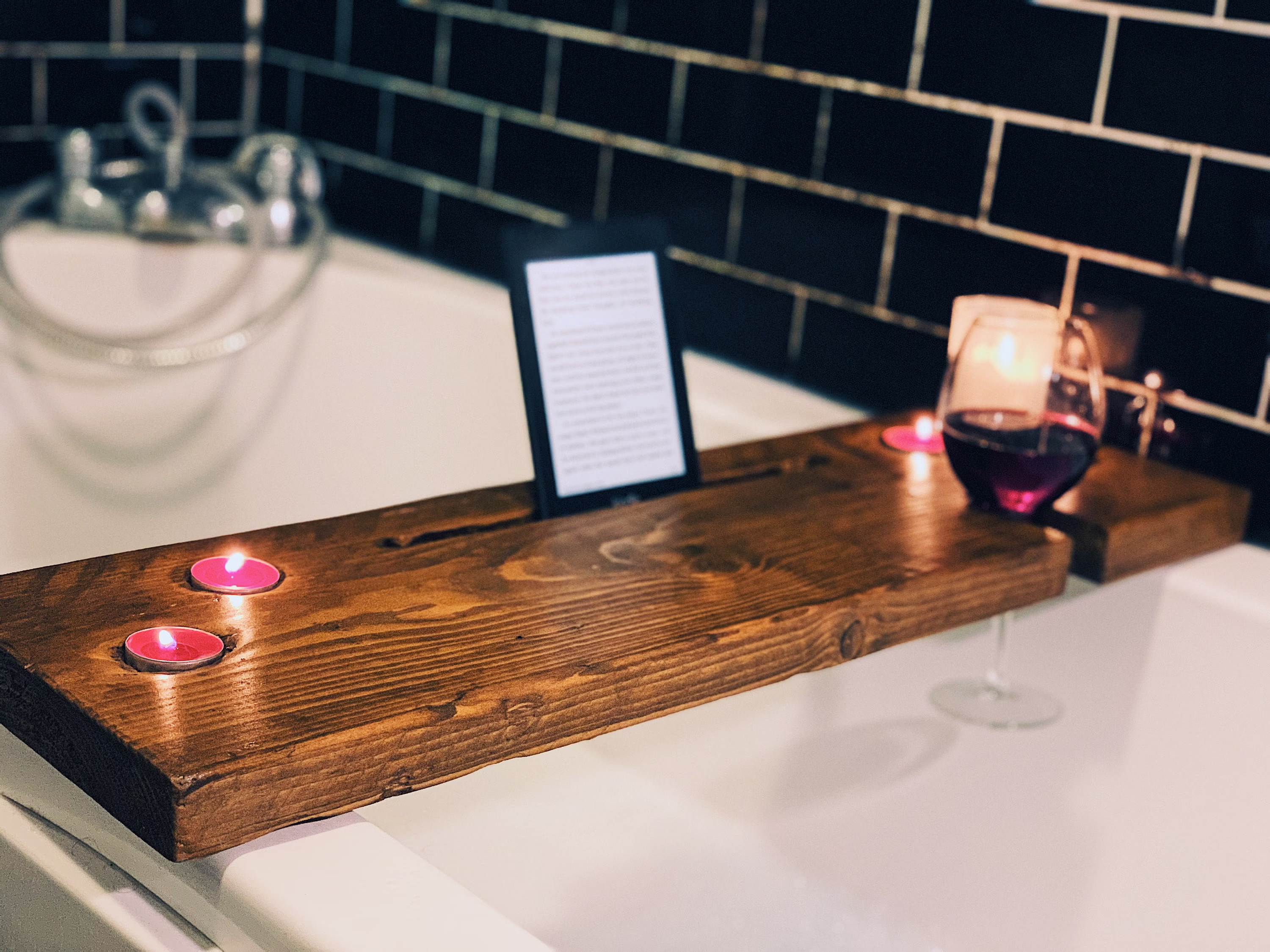Rustic Wooden Bath Caddy - Options For Tablet Slot, Wine Glass & Tea Candle Light Holders Made From Reclaimed Wood Industrial Style