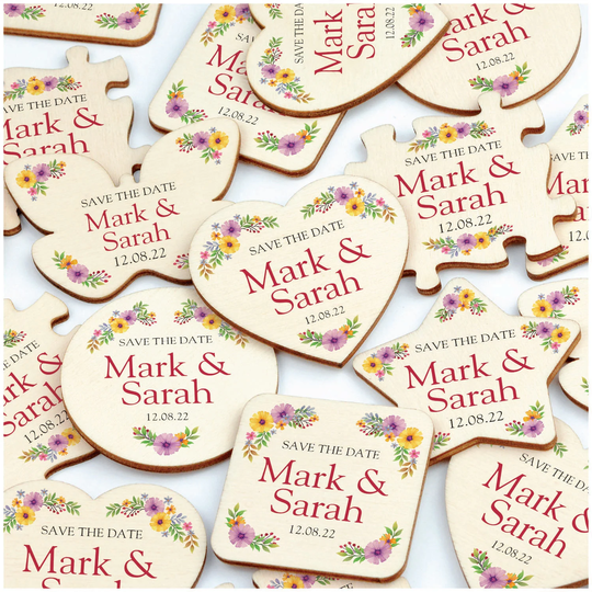 Boho Save The Date Fridge Magnets - Personalised Butterfly Jigsaw Rustic Wood Hearts Wedding Magnet