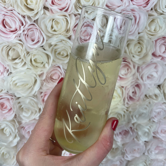 Bridesmaid Champagne Glass With Name/Bridal Shower Favor Rose Gold Stemless Flute