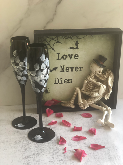 Black Champagne Glasses Hand Painted With A Vine Of Silver & White Leaves Decorated Swarovski Crystals Pearls Set 2