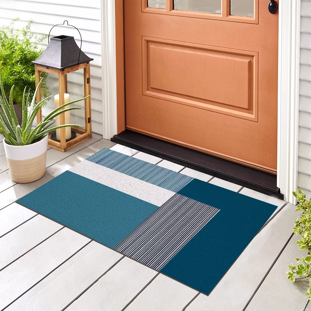 Simple Blue Geometry Entrance Door Mat, Line Design Doormat, Anti Skid PVC Coil Mats, Mat For Home, Washable Entryway