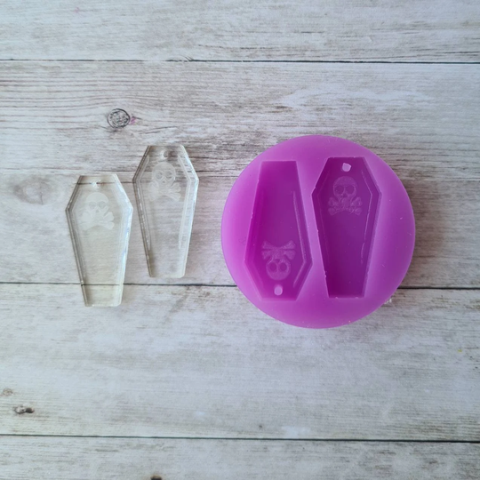 Dangle Earrings Mold - 30mm Etched Coffin Mold, Halloween Flexible Silicone Polymer Clay Supplies, Resin Supplies