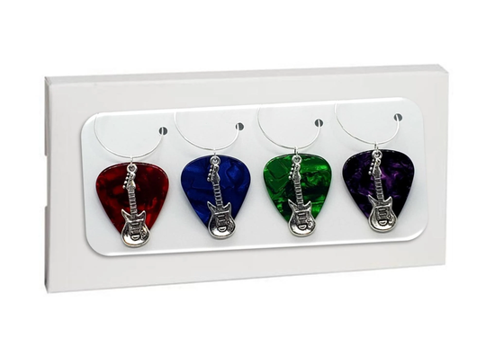 Electric Guitar Charm On Picks Wine Glass Charms Markers, Set Of 4, Choose Colors