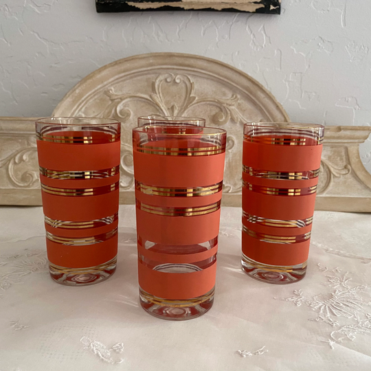 Vintage Salmon Pink & Gold Glass Tumblers Set Of 3