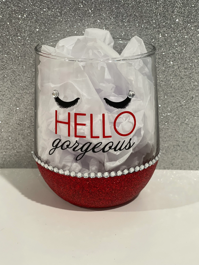 Hello Gorgeous Stemless Bling Wine Glass, Good Morning Gorgeous, Bling Glittered Gift