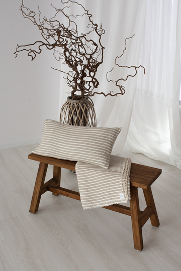Striped Linen Throw With Short Fringes 55x80 Inches - Cushion Cover 12x24