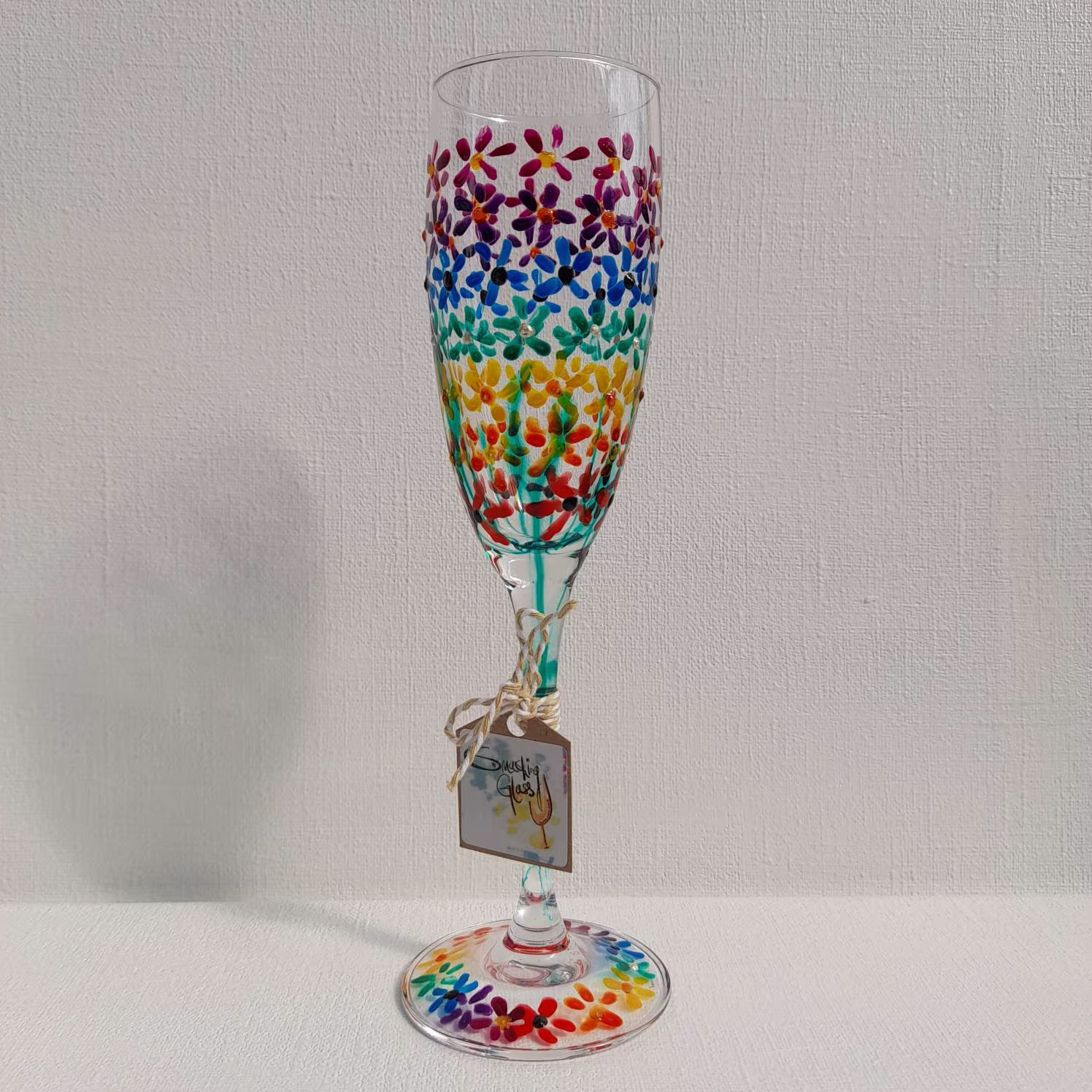 Rainbow Flowers, Champagne Flute, Hand Painted Glass | Can Be Personalised For Free Unique, Perfect Gift To Order Her Him