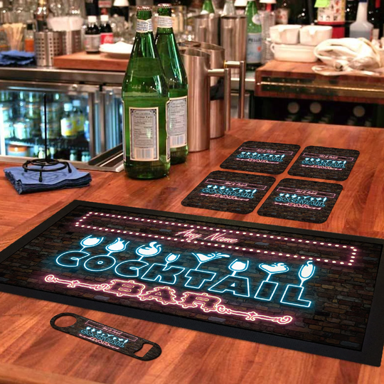 Personalised Neon Sign Bar Runner Mat, Matching Bottle Opener & 4 X Drinks Coasters Gift Set|Accessories For Home Bars|Nbrs-100|Add Any Name