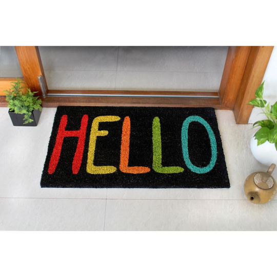 All Creations Hello Rainbow Black Machine Tufted Coir Door Mat PVC Backing Fun Stencil Present Gift Quality Internal Rug Smith