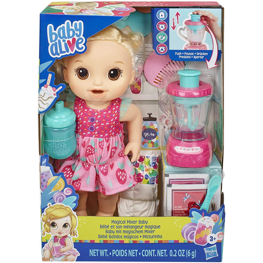 Baby Alive Magical Mixer Baby Doll Strawberry Shake with Blender Accessories, Drinks, Wets, Eats, Blonde Hair Toy for Children Aged 3 and Up