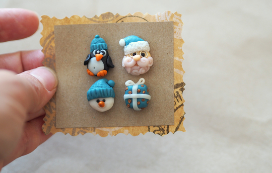Christmas Earrings Studs Clay, Kids Mismatch Set, Secret Santa Gift, Claus Earrings, Snowman Jewelry, Mismatch