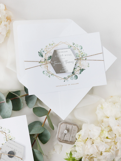 White Hydrangea Hexagon Magnet Save The Date Luxury Mirror Plexi Acrylic Hexagon, Save The Date Cards, Wedding Invite, Gold Foil & Envelope
