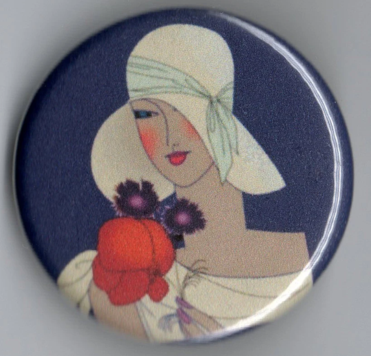Art Deco Lady With Flowers 1.25 Inch Button Vintage Image